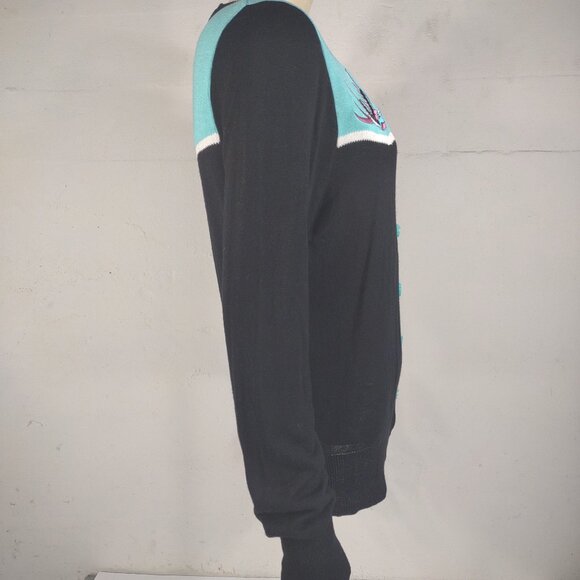 Too Fast black teal embroidered birds button front cardigan sweater ladies Large - Picture 6 of 10